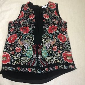 Floral and Peacock Sleeveless Blouse